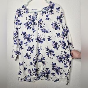 J. Jill Oversize Lagenlook Purple Blue Floral Long Sleeve V-Neck Lightweight Top